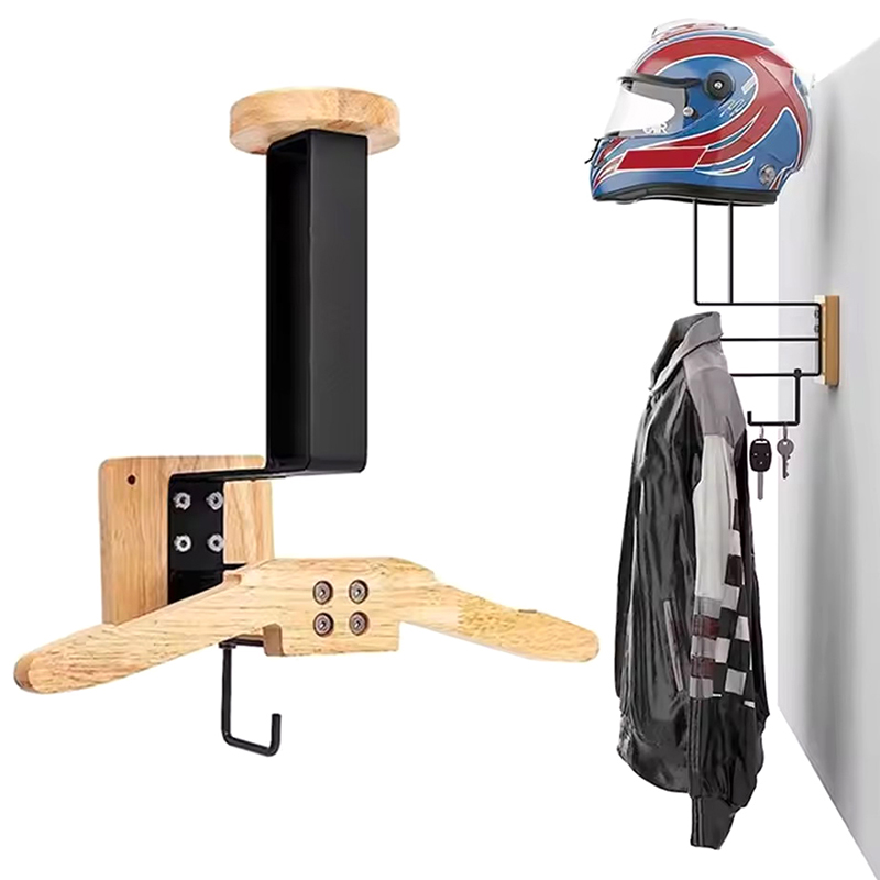 Motorcycle Gear Hanger - ที่วางหมวกกันน็อควอลนัทสีดํา - หมวกกันน็อคมอเตอร์ไซค์ 2-in-1 และที่แขวนชุดแข่ง, ชั้นวางยึดไม้เนื้อแข็งสําหรับเสื้อกั๊กและอุปกรณ์