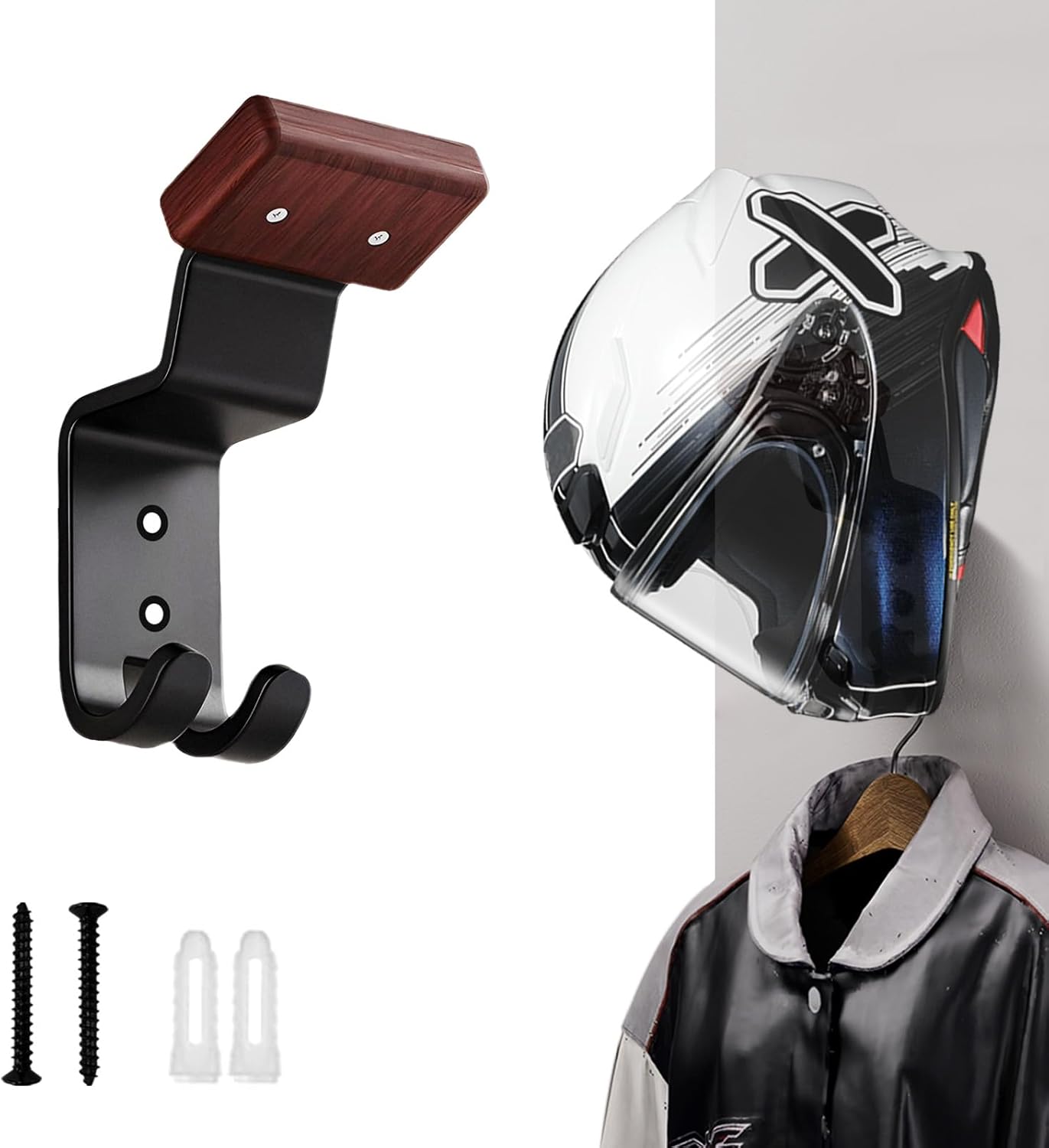 Motorcycle Gear Hanger - ที่แขวนหมวกกันน็อคมอเตอร์ไซค์แบบติดผนัง, ที่แขวนหมวกกันน็อคแบบหนาพิเศษพร้อมตะขอเกี่ยวสำหรับจักรยาน, ฟุตบอล, อุปกรณ์สกี และเสื้อแจ็คเก็ต
