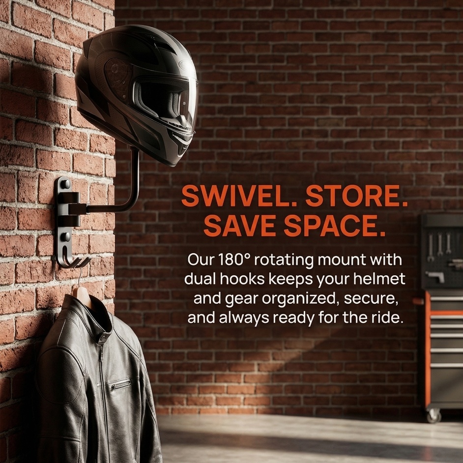 Motorcycle Gear Hanger - ที่แขวนหมวกกันน็อคอลูมิเนียมอัลลอยด์พรีเมียม 180 ° ชั้นวางติดผนังแบบหมุนได้สำหรับอุปกรณ์จักรยาน ของขวัญสำหรับนักปั่นในบ้านหรือโรงรถ